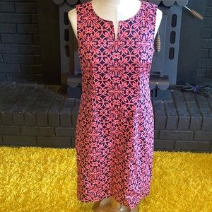 Talbots Salmon and Navy Blue Intricate Floral Sleeveless Dress Size 8 Petite